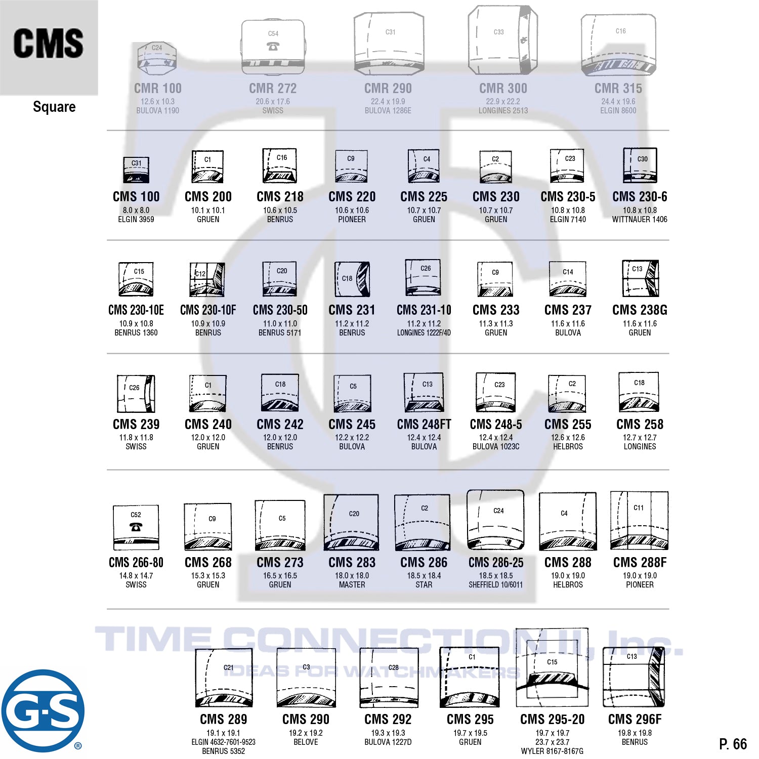 G-S SQUARE (CMS) MILITARY CYLINDER FANCY CRYSTALS - PLASTIC CURVED LOWER EDGE