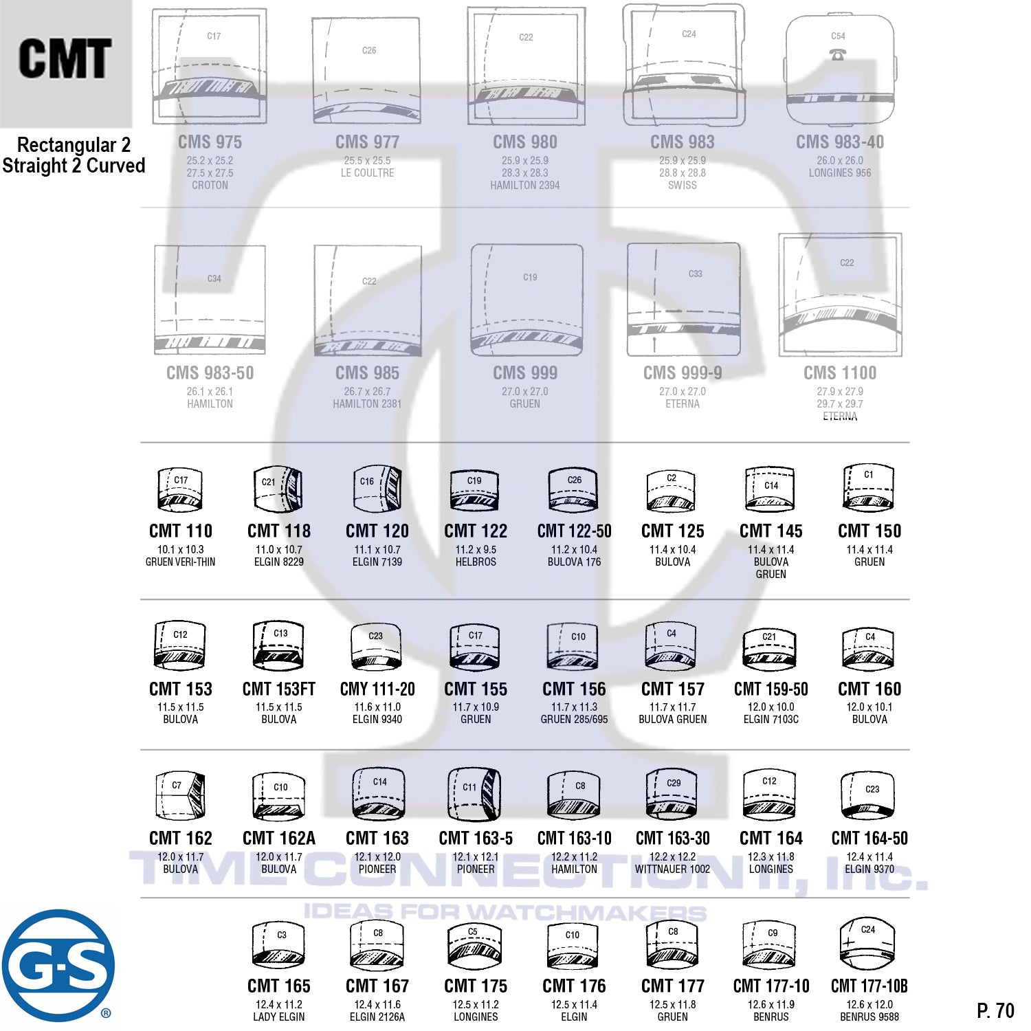 G-S RECTANGULAR 2 STRAIGHT 2 CURVED (CMT) MILITARY CYLINDER FANCY CRYSTALS - PLASTIC CURVED LOWER EDGE