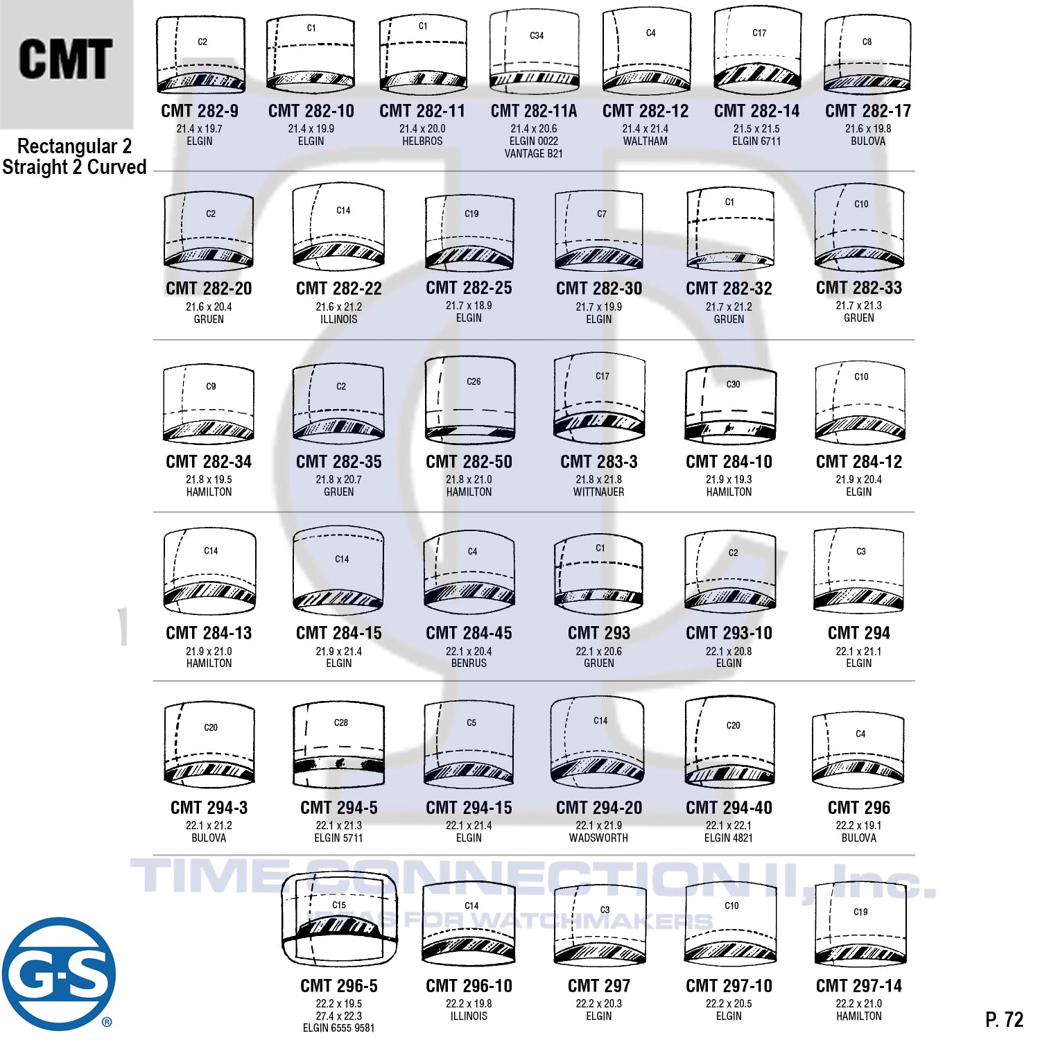 G-S RECTANGULAR 2 STRAIGHT 2 CURVED (CMT) MILITARY CYLINDER FANCY CRYSTALS - PLASTIC CURVED LOWER EDGE