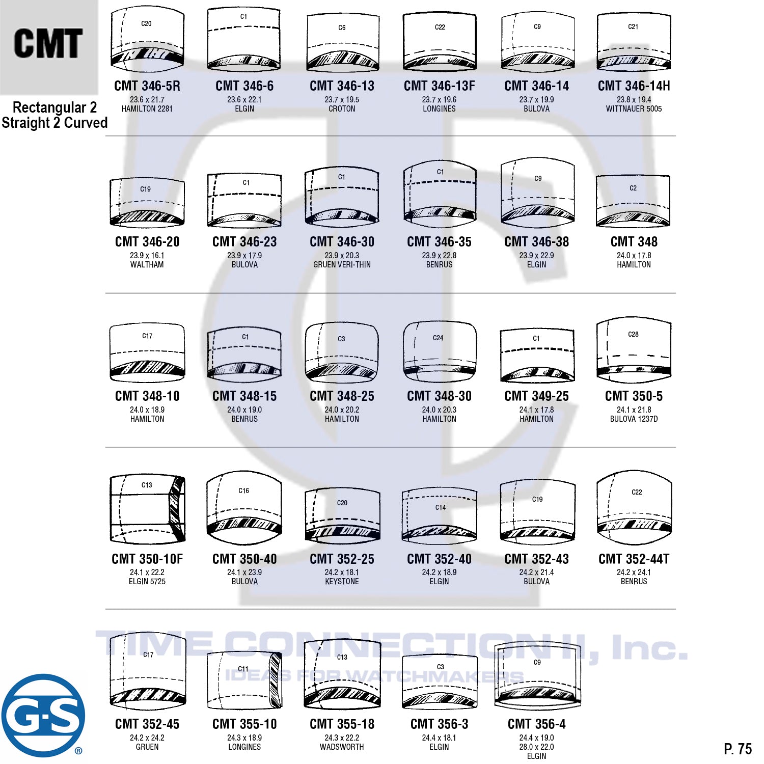 G-S RECTANGULAR 2 STRAIGHT 2 CURVED (CMT) MILITARY CYLINDER FANCY CRYSTALS - PLASTIC CURVED LOWER EDGE