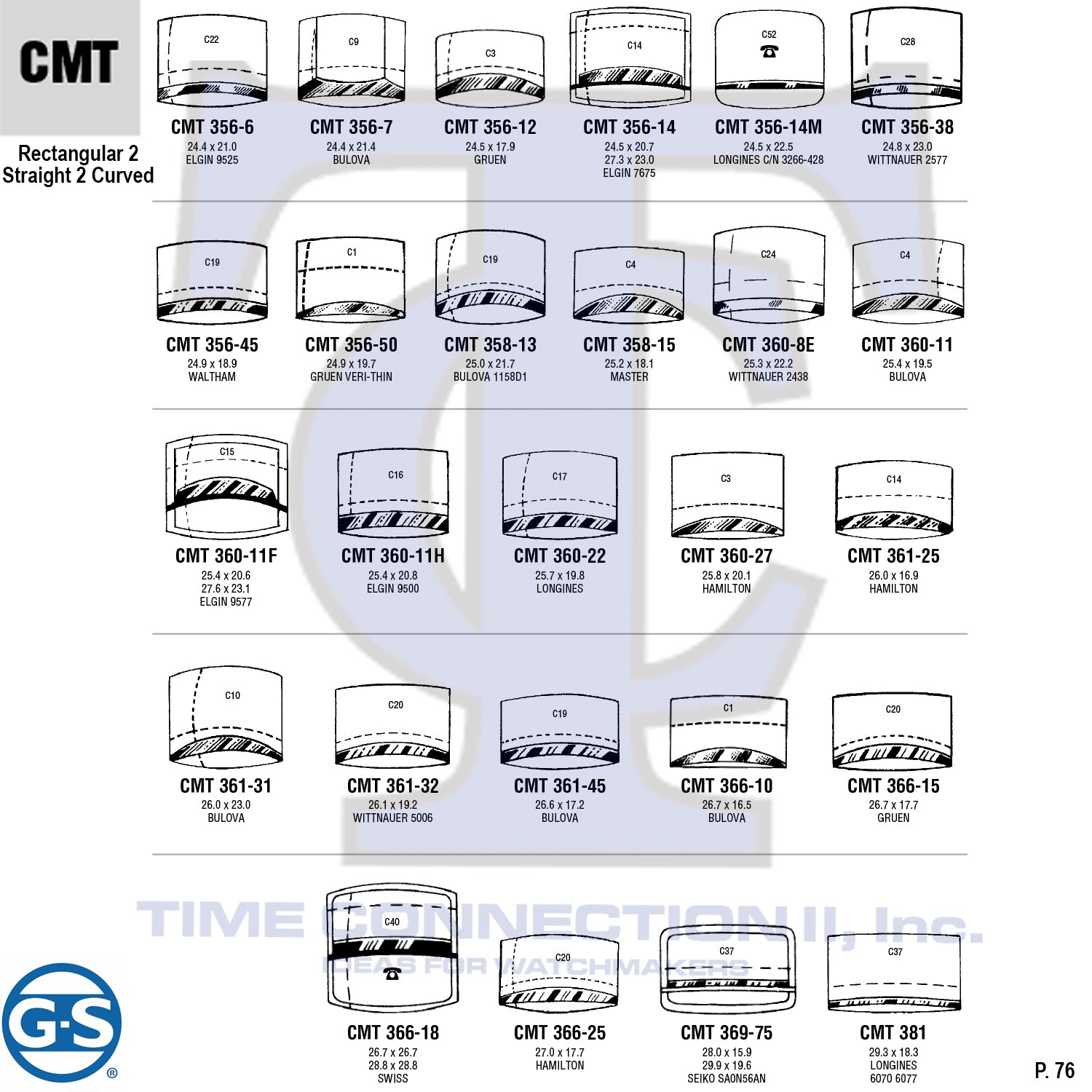 G-S RECTANGULAR 2 STRAIGHT 2 CURVED (CMT) MILITARY CYLINDER FANCY CRYSTALS - PLASTIC CURVED LOWER EDGE