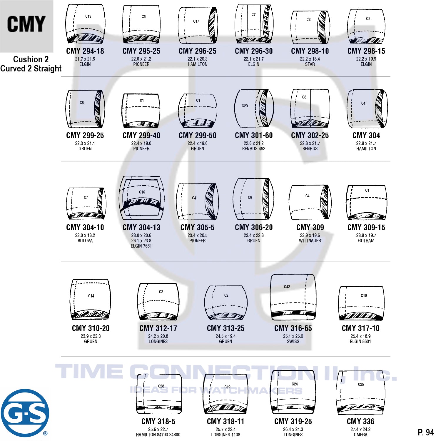 G-S CUSHION 2 CRUVED 2 STRAIGHT (CMY) MILITARY CYLINDER FANCY CRYSTALS - PLASTIC CURVED LOWER EDGE