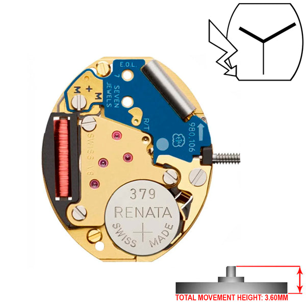 ETA 980.106 3 Hands Swiss Made Quartz Movement Ht. 3.60MM