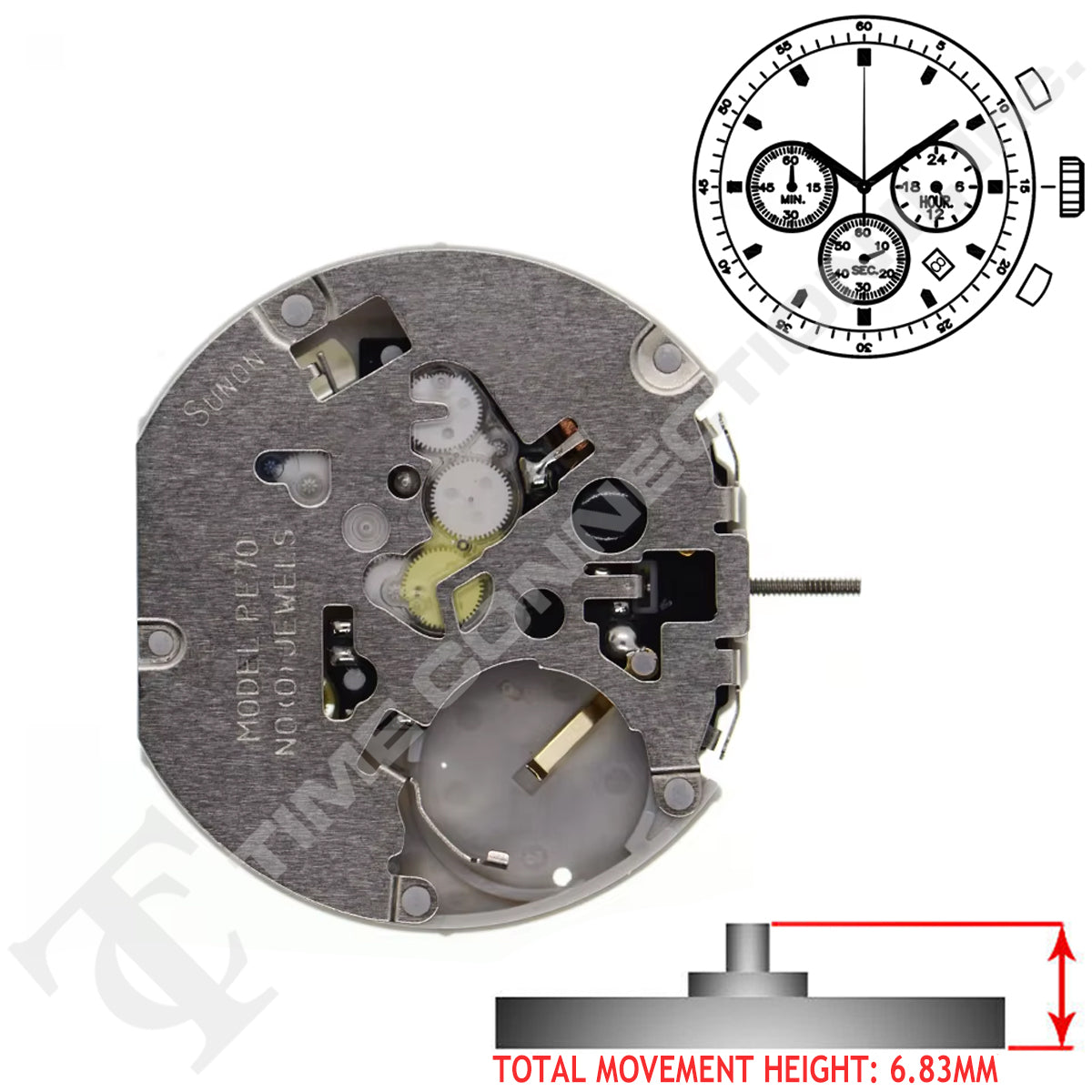 SUNON PE702 Chinese Quartz 3 Hands Multi Function Watch Movement Ht. 6.83mm