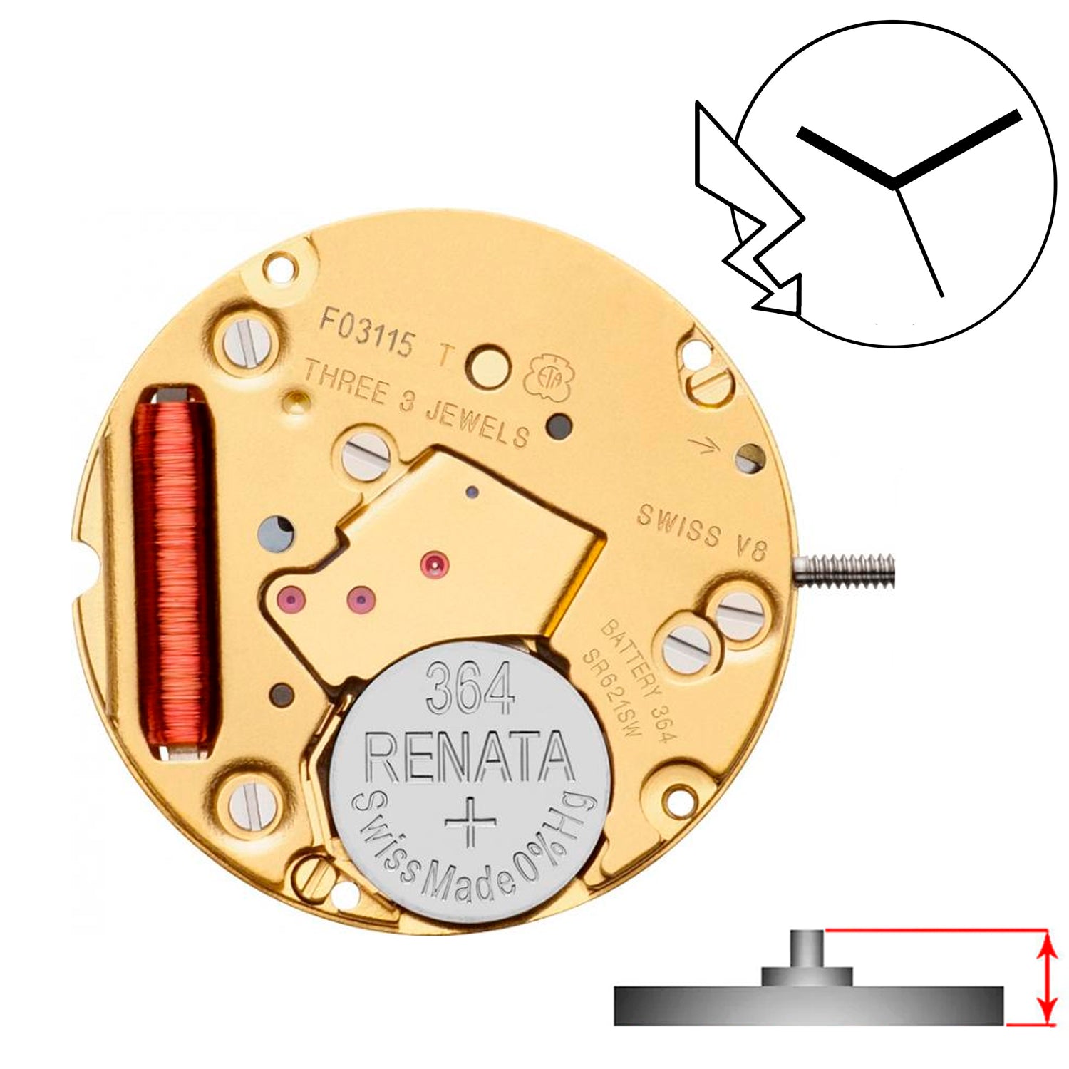 ETA F03.111 3 Hands Swiss Made Quartz Movement (Various Heights)